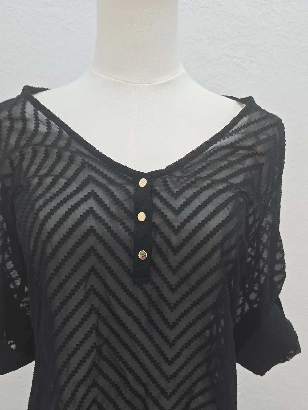bebe Black Sheer Chevron Top with Gold Buttons - Picture 1 of 8
